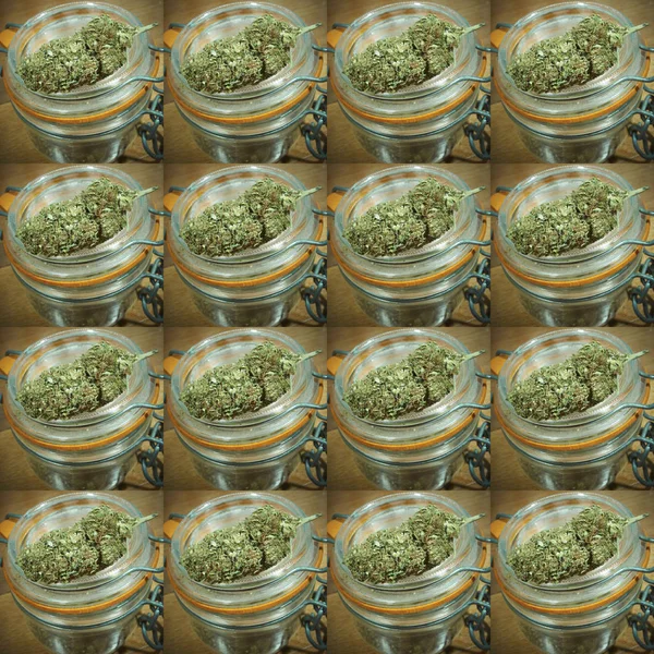 Seamless Pattern Marijuana Buds Glass Jars — Stock Photo, Image