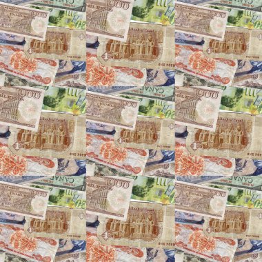 Çeşitli para banknotlarından yapılmış bir poster.