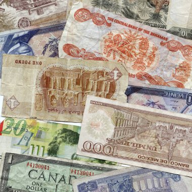 Çeşitli para banknotlarından yapılmış bir poster.