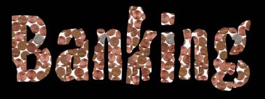 Siyah arkaplan üzerine banka metni ve para içeren kavramsal poster