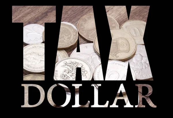 Cartaz Dólar Fiscal Com Moedas Mesa — Fotografia de Stock
