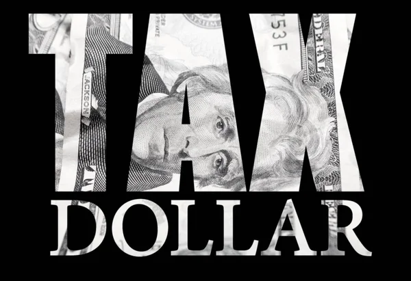 Плакат Надписью Налоговый Доллар Черном Фоне Деньгами — стоковое фото