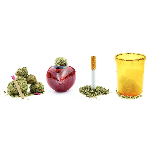 白色背景的大麻芽和药瓶 — 图库照片