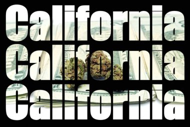 Kaliforniya metni, siyah arka planda marihuana.   