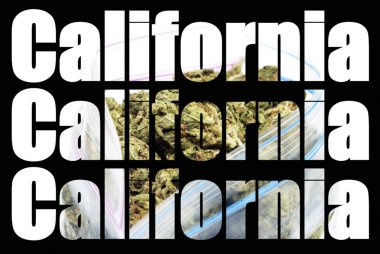 Kaliforniya metni, siyah arka planda marihuana.   