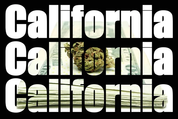 Kaliforniya Metni Siyah Arka Planda Marihuana — Stok fotoğraf