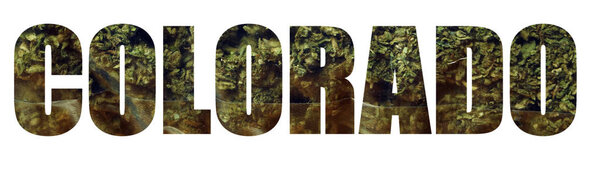 Надпись в Колорадо с марихуаной внутри на белом фоне
