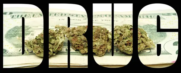 Nápis Drogami Marihuanou Penězi Uvnitř Černého Pozadí — Stock fotografie
