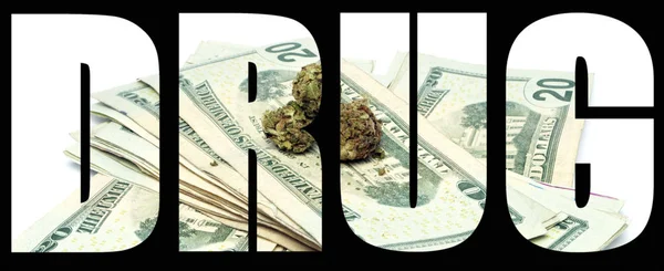 Drug Inscription Marijuana Money Black Background — Stock Photo, Image