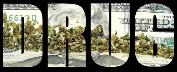 Drog Inskription Med Marijuana Och Pengar Inne Svart Bakgrund — Stockfoto