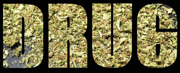 Napis Narkotykowy Marihuaną Wewnątrz Czarnym Tle — Zdjęcie stockowe