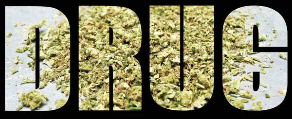 Drug Inscriptie Met Marihuana Binnen Zwarte Achtergrond — Stockfoto
