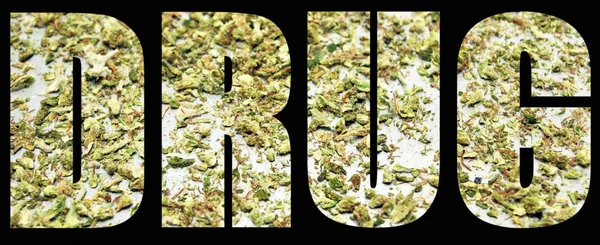 Drug Inscription Marijuana Black Background — Stock Photo, Image