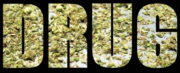 Drug Inscription Marijuana Black Background — Stock Photo, Image