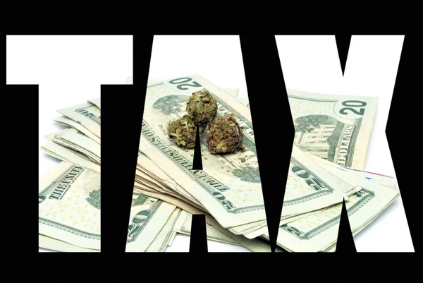 Słowo Podatkowe Marihuana Czarnym Tle — Zdjęcie stockowe
