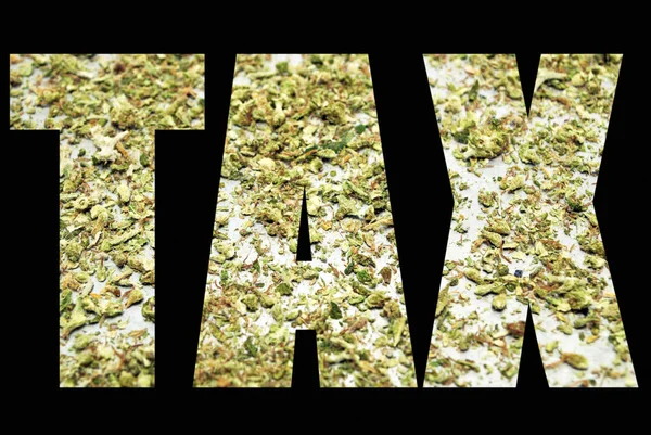 Napis Podatkowy Czarnym Tle Marihuaną — Zdjęcie stockowe