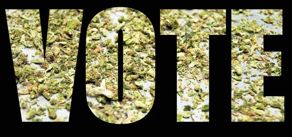 Voto Inscripción Con Marihuana Interior Sobre Fondo Negro Concepto Legalizado — Foto de Stock