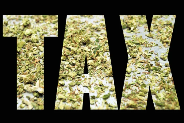 Napis Podatkowy Czarnym Tle Marihuaną — Zdjęcie stockowe