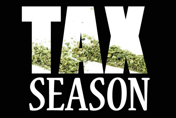 Inscripción Temporada Impuestos Con Marihuana Interior Sobre Fondo Negro — Foto de Stock