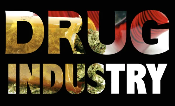 Nápis Drogový Průmysl Marihuanou Uvnitř Černého Pozadí — Stock fotografie