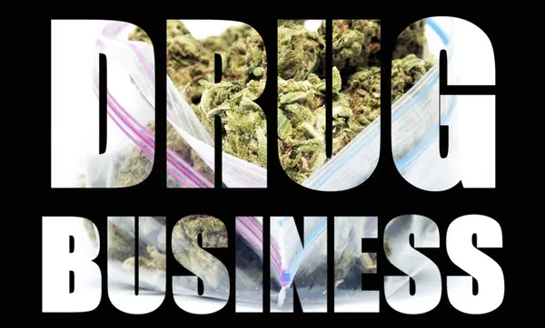 Drog Inskription Med Marijuana Inuti Svart Bakgrund — Stockfoto