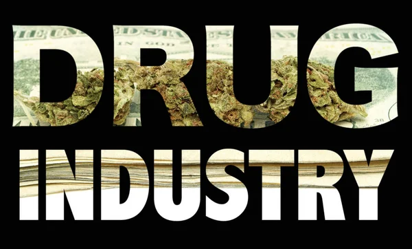 Schriftzug Der Drogenindustrie Auf Schwarzem Hintergrund Mit Marihuana — Stockfoto