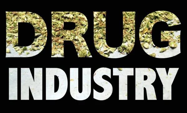 Drugs Industrie Belettering Zwarte Achtergrond Met Marihuana — Stockfoto