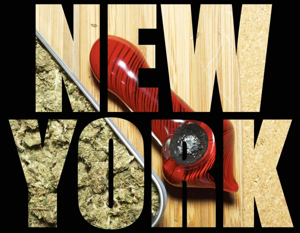 New York Belettering Achtergrond Met Marihuana — Stockfoto