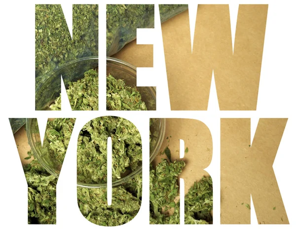 New York Belettering Achtergrond Met Marihuana — Stockfoto