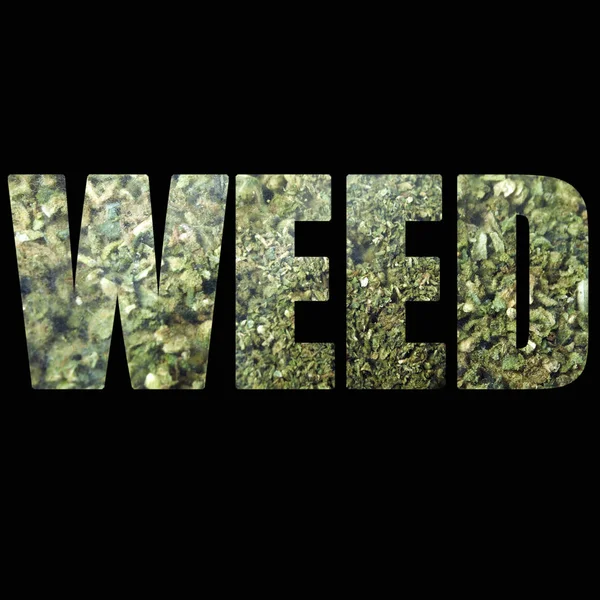Unkraut Schriftzug Auf Schwarzem Hintergrund Mit Marihuana — Stockfoto