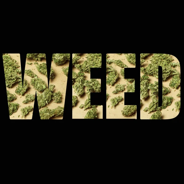 Weed Lettering Fundo Preto Com Maconha — Fotografia de Stock