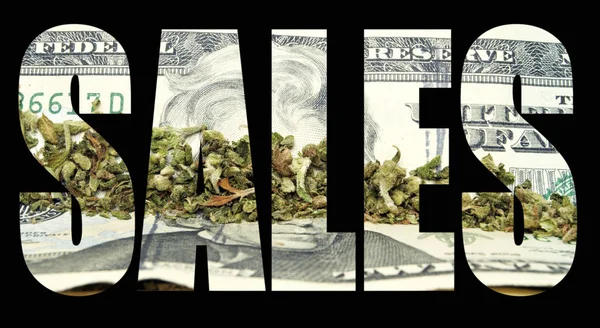 Prodejní Nápisy Černém Pozadí Marihuanou — Stock fotografie