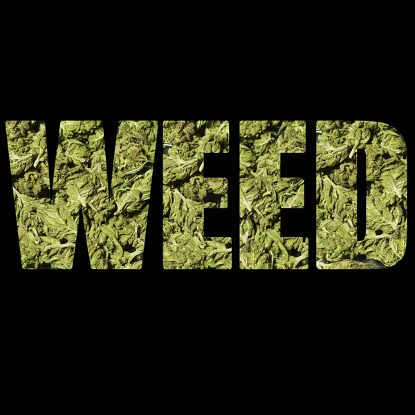 Weed Lettering Fundo Preto Com Maconha — Fotografia de Stock