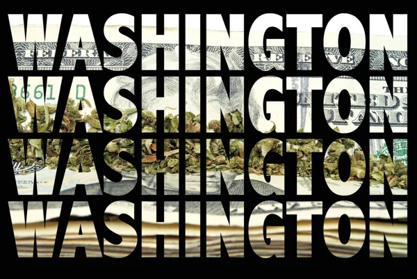 Washington Prasasti Dengan Marijuana Dalam Pada Latar Belakang Hitam — Stok Foto