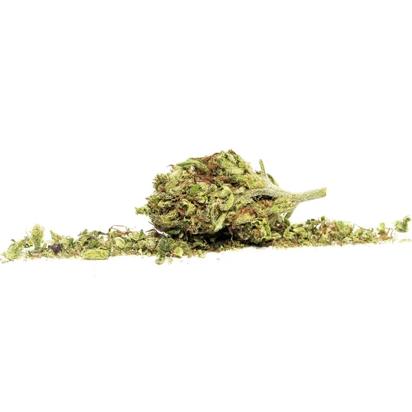 Konzeptionelle Zusammensetzung Der Marihuana Produktion Stillleben Isoliert Auf Weißem Hintergrund — Stockfoto