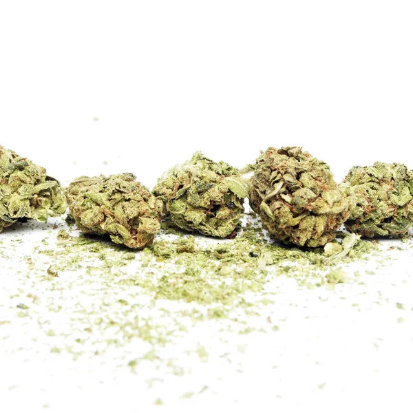 Koncepcyjny Skład Marihuany Produkującej Martwa Życie Białym Tle — Zdjęcie stockowe