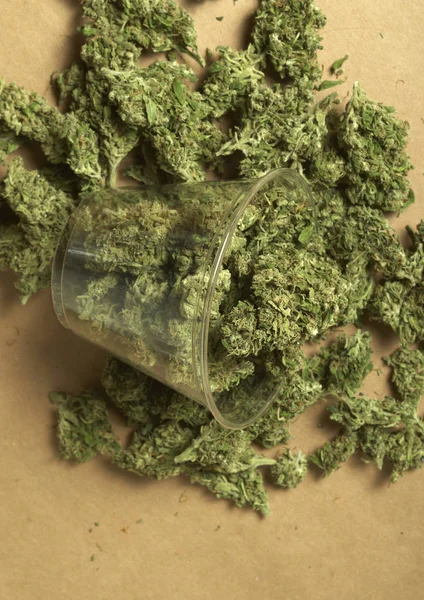 Vista Cercana Marihuana Seca Taza Plástico Concepto Drogadicción Concepto Marihuana —  Fotos de Stock