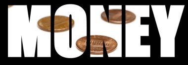 Para kelimesi, siyah arkaplanda madeni paralar.   