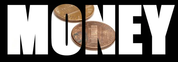 Money Word Coins Black Background — Stock Photo, Image