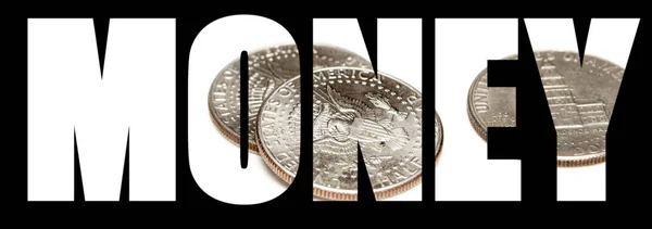 お金の言葉 黒い背景のコイン — ストック写真