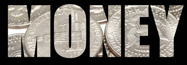Peníze Slovo Mince Černém Pozadí — Stock fotografie