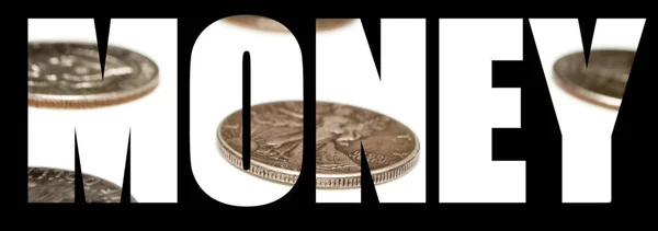 Money Word Coins Black Background — Stock Photo, Image
