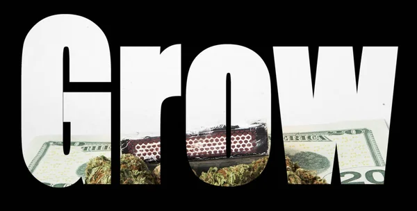 Lettrage Grow Sur Fond Noir Avec Marijuana — Photo