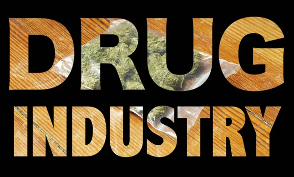 Inscrição Indústria Drogas Com Maconha Interior Fundo Preto — Fotografia de Stock
