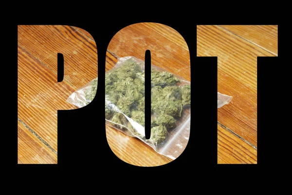 Lettrage Pot Sur Fond Noir Avec Marijuana — Photo