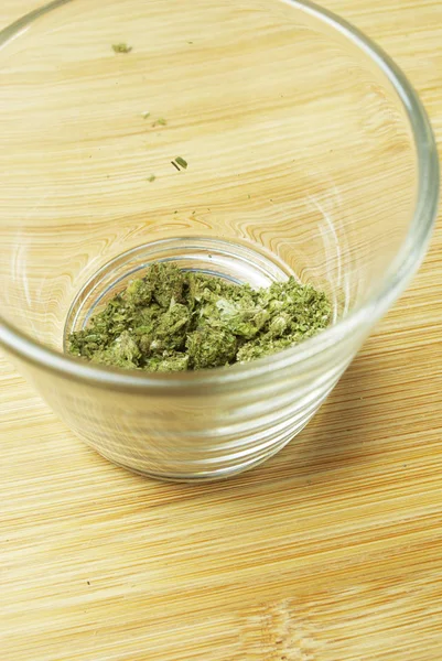 Close View Dried Marijuana Glass Jar Drug Addiction Concept Medical — Stock Photo, Image