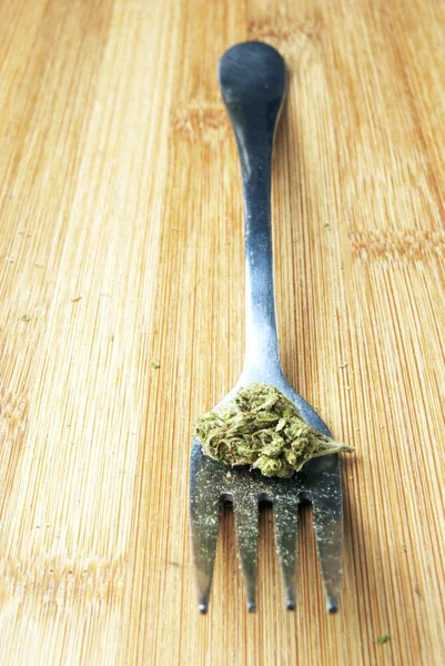 Marihuana Tenedor Mesa Madera Brote Planta Cannabis —  Fotos de Stock