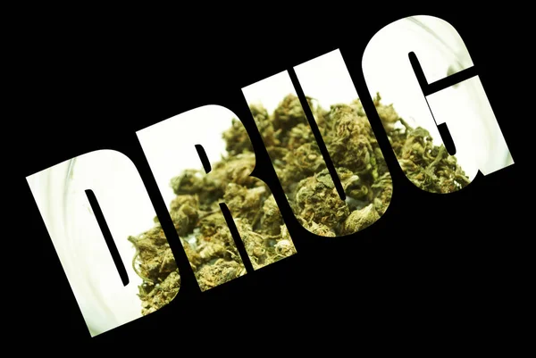 毒品铭文与大麻内在黑色背景 — 图库照片
