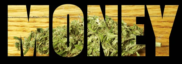 Pengar Inskription Med Marijuana Inuti Svart Bakgrund — Stockfoto