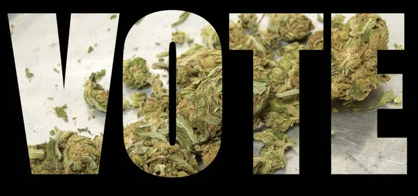 Voto Inscripción Con Marihuana Interior Sobre Fondo Negro Concepto Legalizado — Foto de Stock